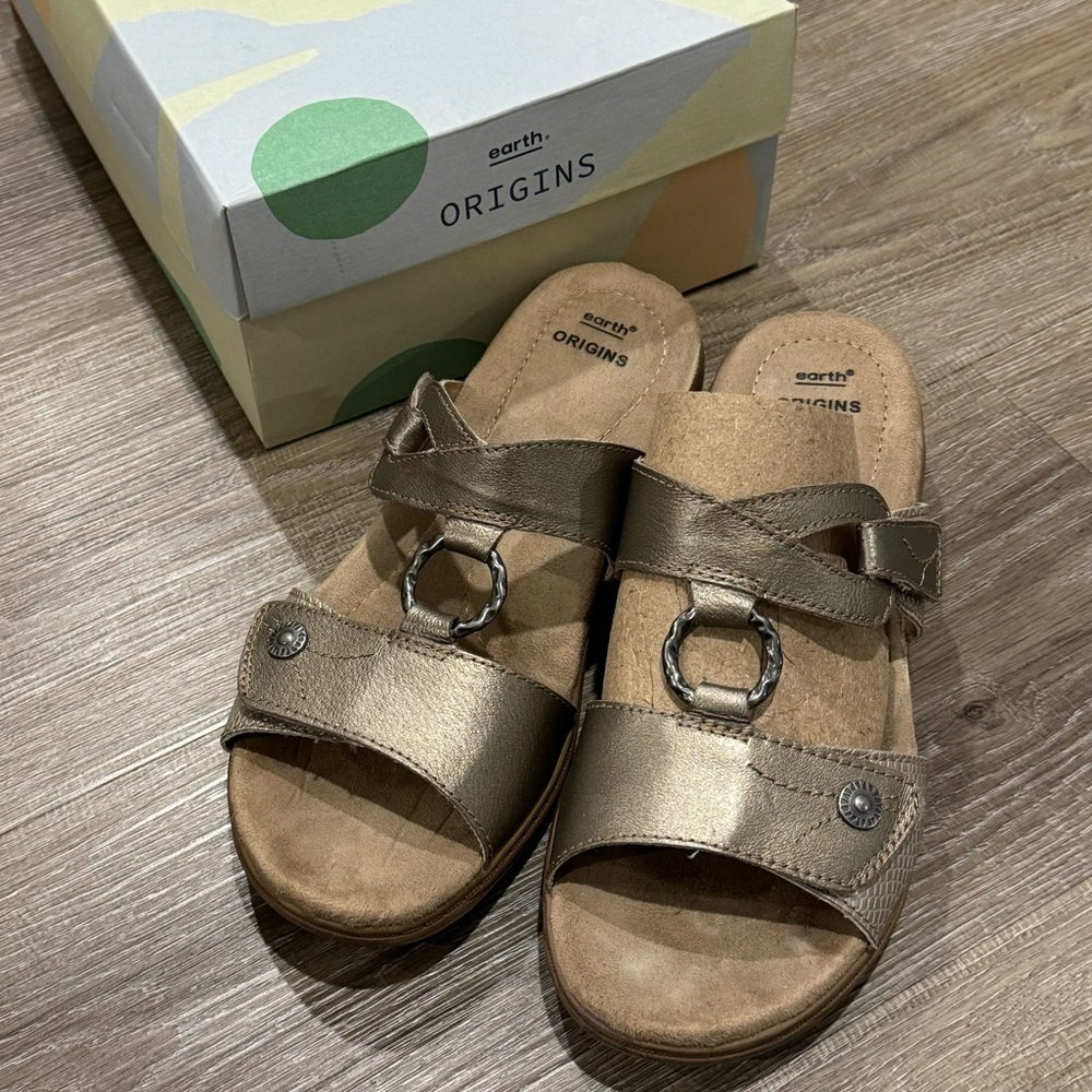 Earth Origins Strappy Platform Sandals Bronze Gold Leather Size 9 Comfort Arch - Picture 2 of 10